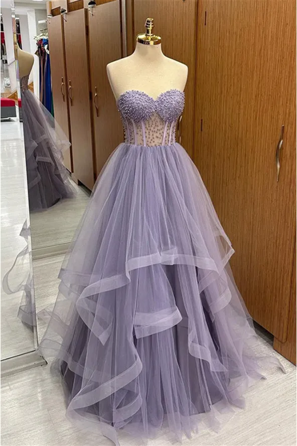 Brandy | Lilac Strapless Beaded Ruffle-Layers Tulle Long Prom Dress sold by KissProm