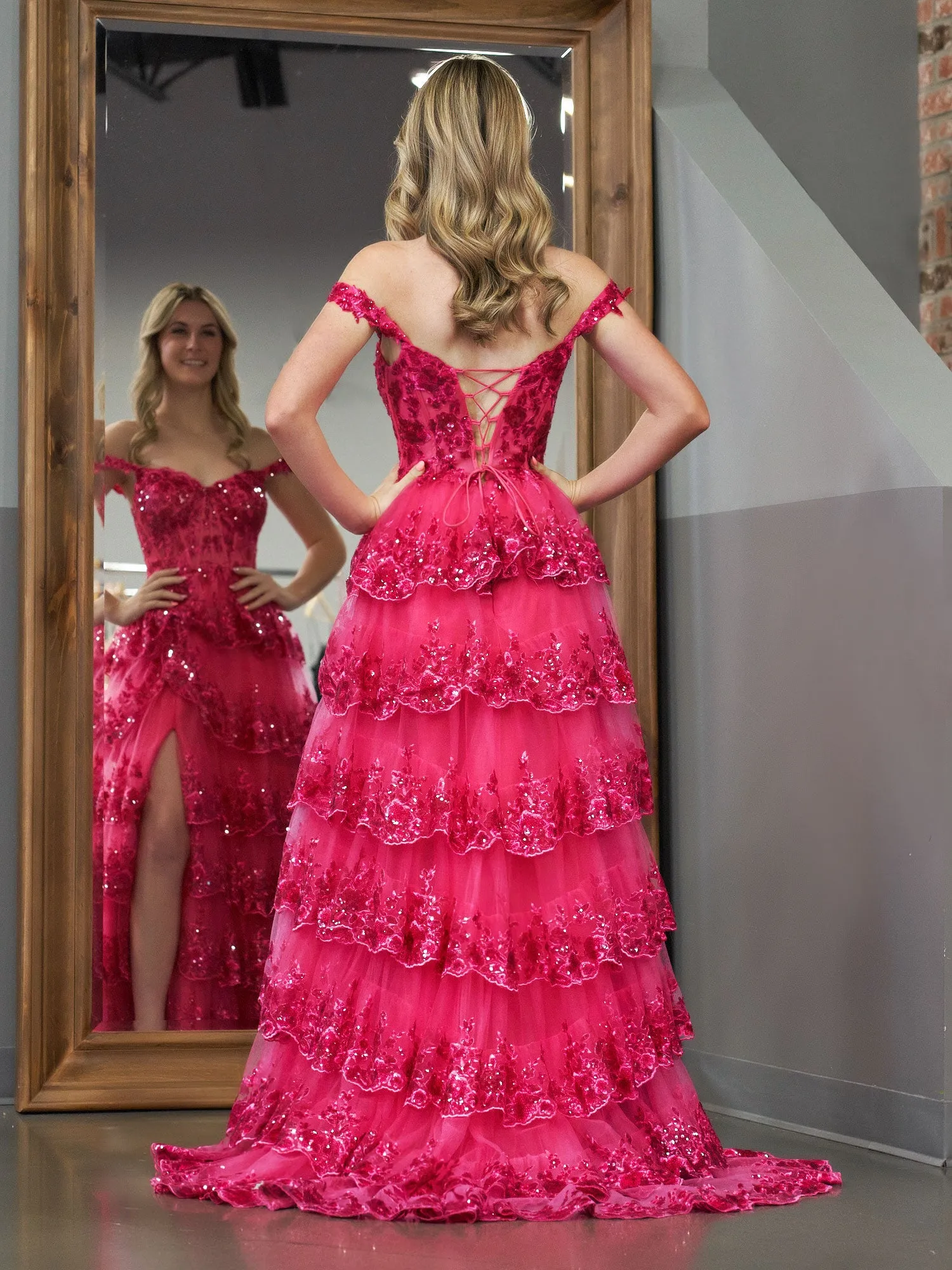 Fuchsia Princess A Line Off the Shoulder Corset Prom Dress with Lace Ruffles sold by KissProm product image thumbnail 4