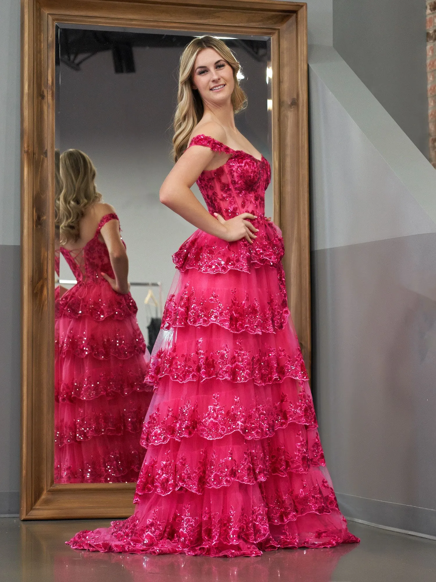 Fuchsia Princess A Line Off the Shoulder Corset Prom Dress with Lace Ruffles sold by KissProm product image thumbnail 5