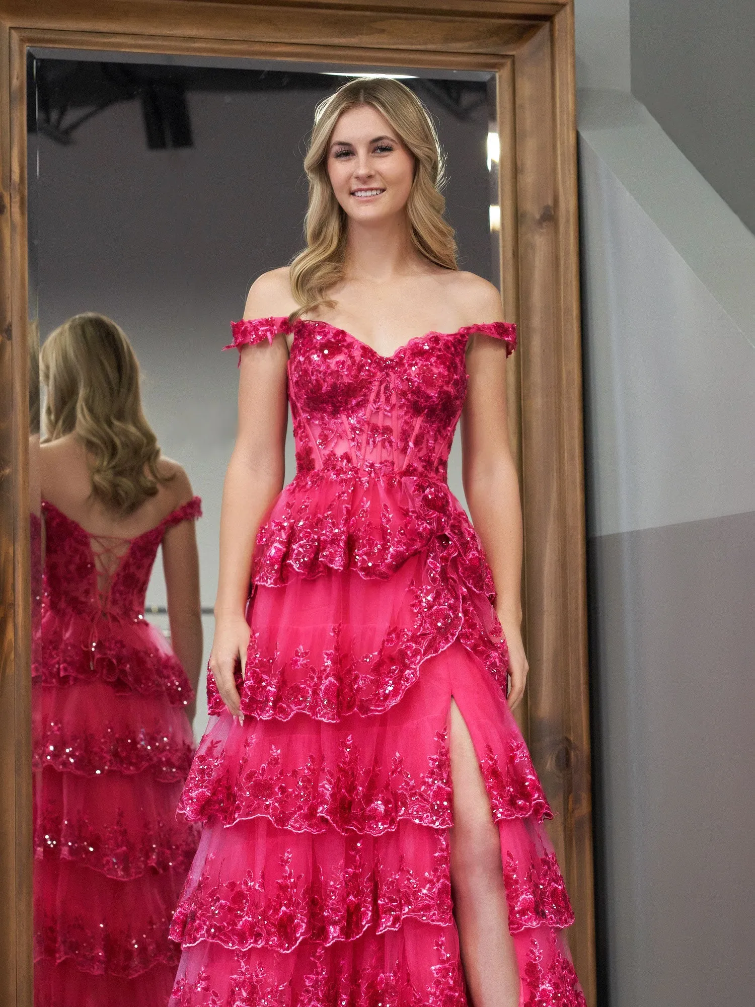 Fuchsia Princess A Line Off the Shoulder Corset Prom Dress with Lace Ruffles sold by KissProm product image thumbnail 3
