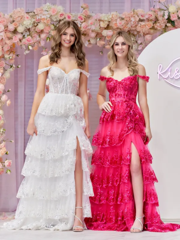 Fuchsia Princess A Line Off the Shoulder Corset Prom Dress with Lace Ruffles sold by KissProm