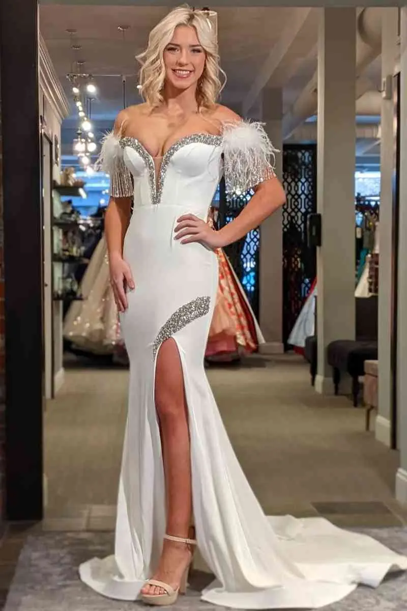 White Off-the-Shoulder Tassel Mermaid Prom Dress with Slit sold by KissProm