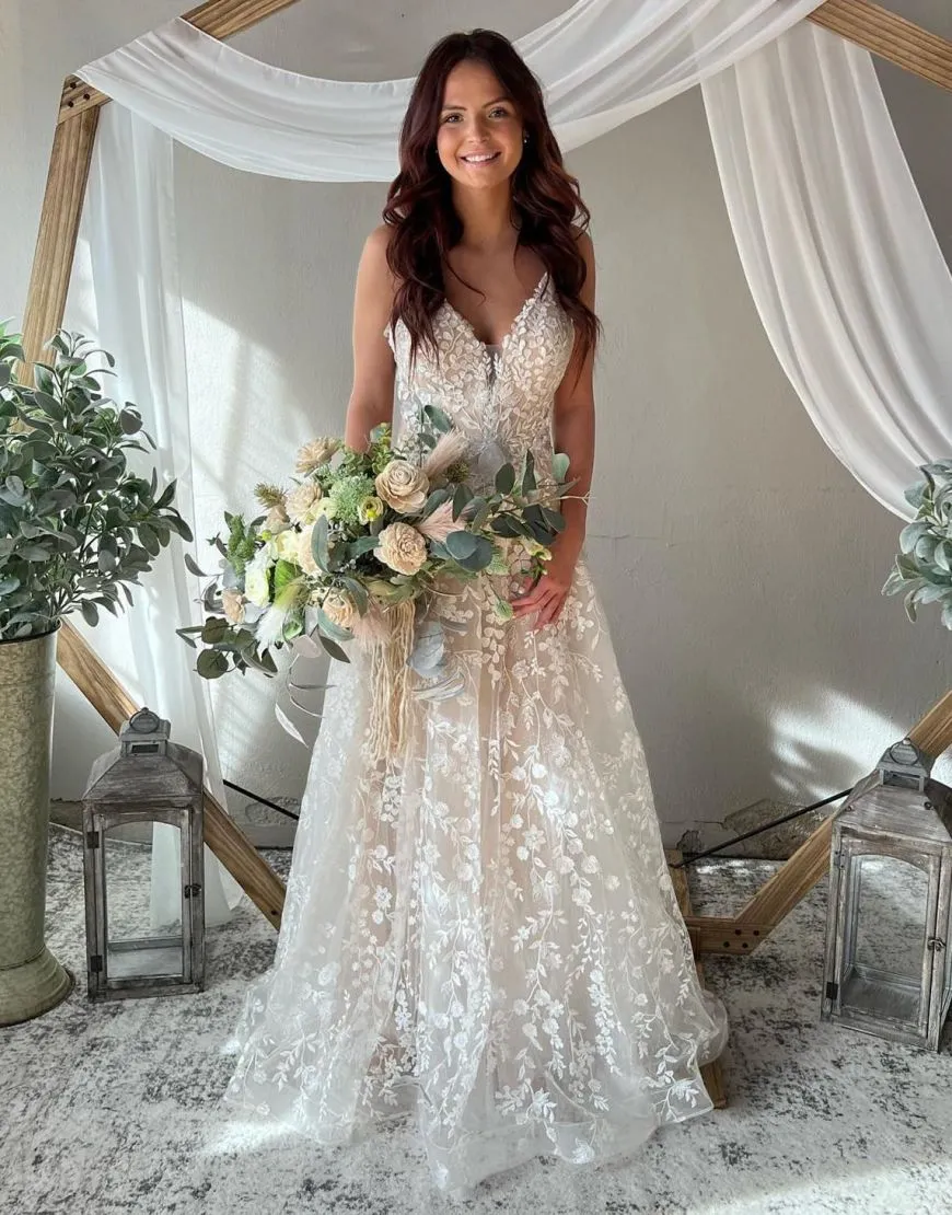 Madisyn | Champagne A-Line Spaghetti Straps Key Hole Back Wedding Dress sold by KissProm