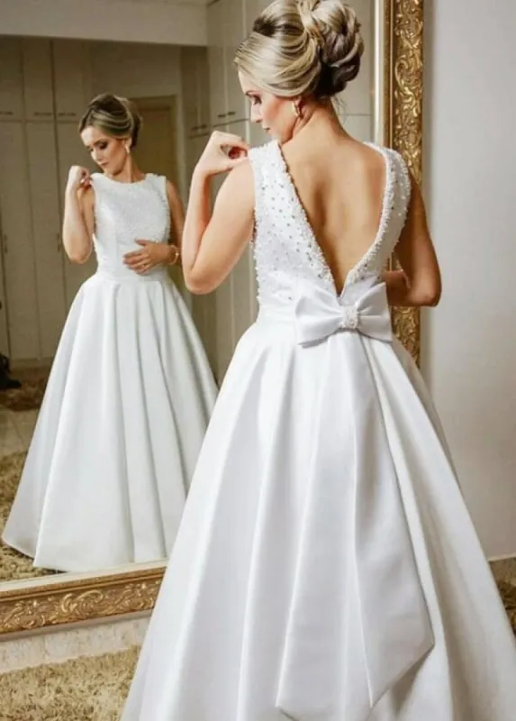 Chic Sleeveless Beaded  A-line Satin Backless Bride Dresses Wedding Bow Ribbon Sash sold by KissProm