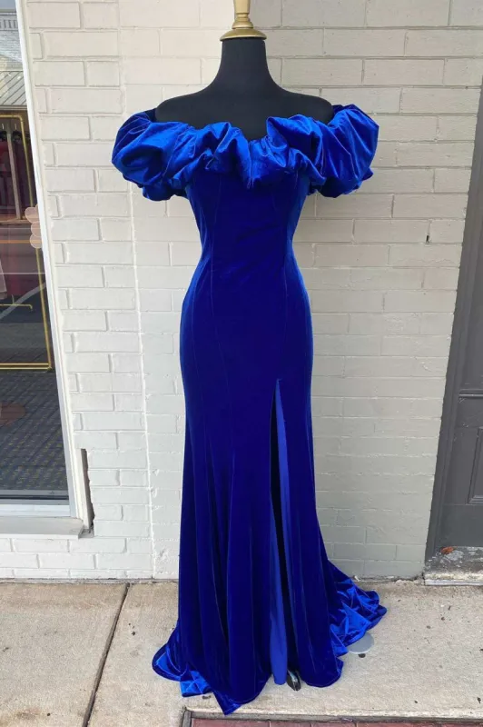 Royal Blue Off-the-Shoulder Ruffled Mermaid Long Prom Dress sold by KissProm