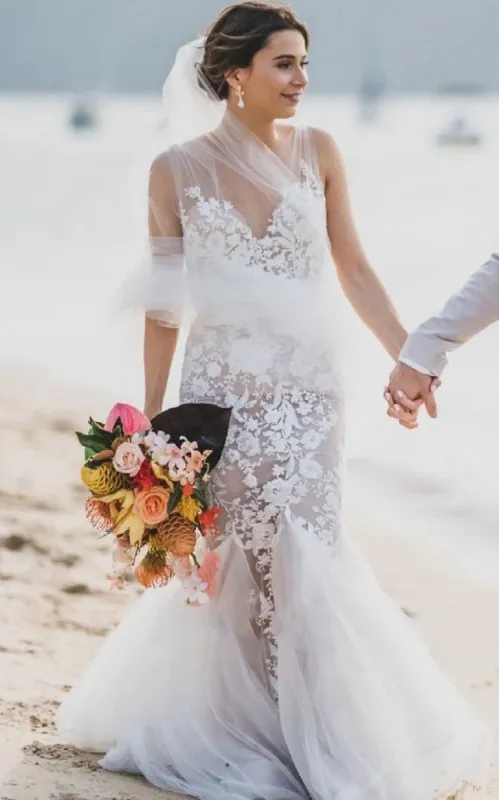 Boho Mermaid Vintage Beach V-neck Ethereal Fairy Wedding Dress with Lace Appliques sold by KissProm
