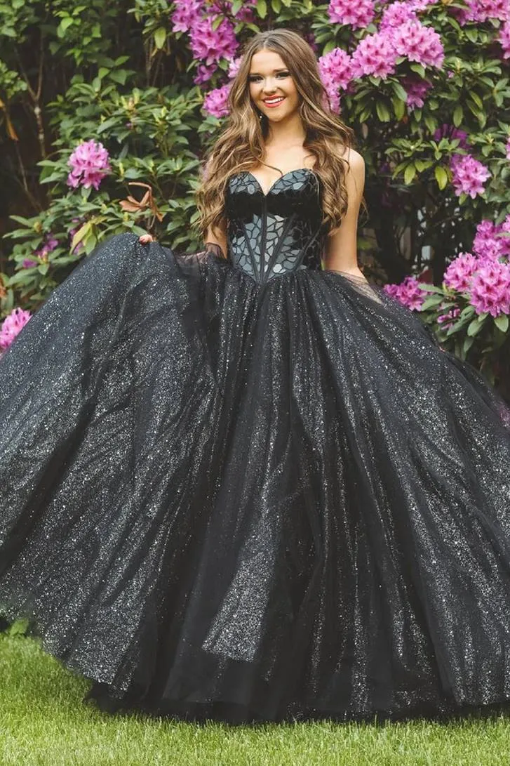Glitter Tulle Sweetheart Black Long Quinceanera Dresses sold by KissProm