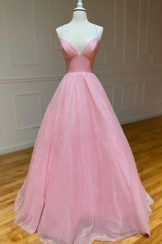 Elodie | Pink Tulle Long Backless Prom Dress A-Line V Neck Party Dress sold by KissProm