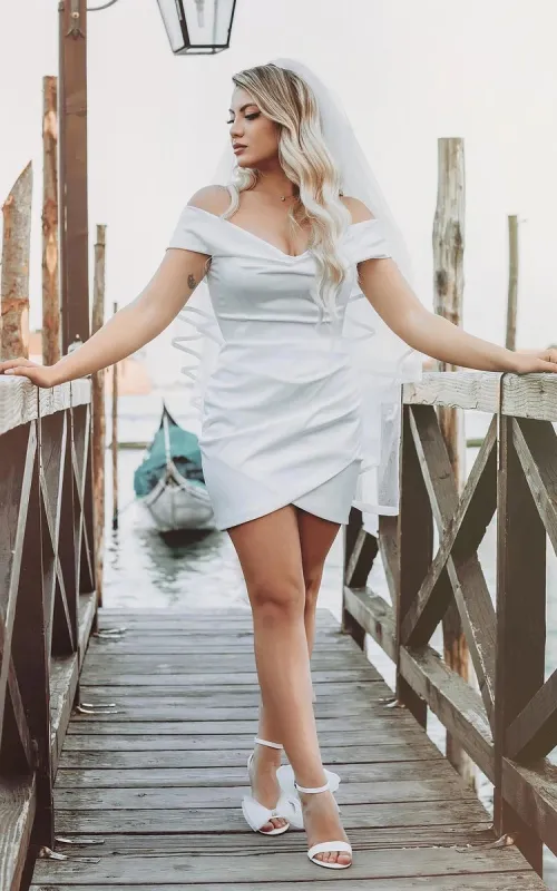 Asteria | Sheath Off-the Shoulder Satin Simple Wedding Dress Sleeveless Short Hemline sold by KissProm