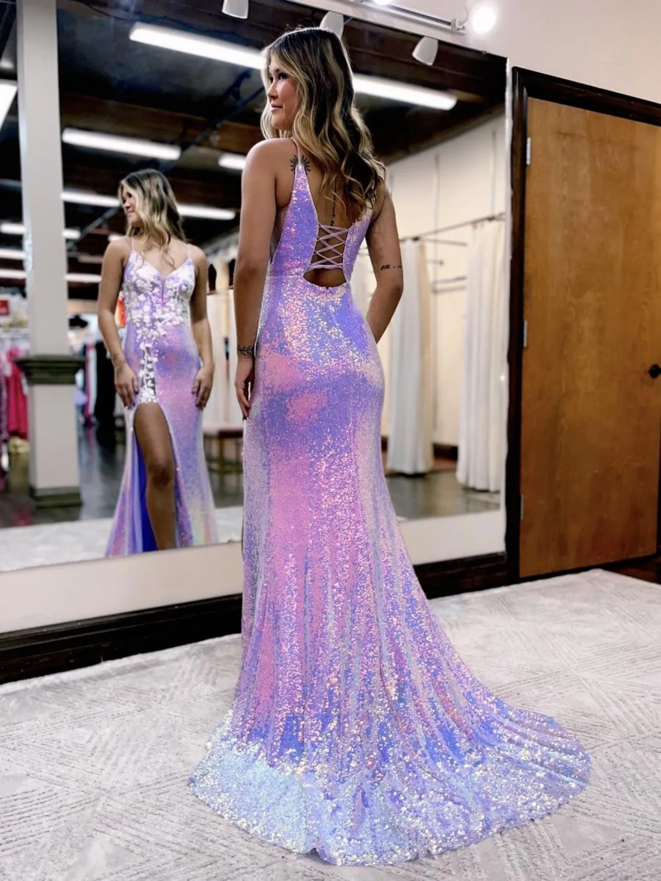 Mermaid Glitter Lavender Floral Long Prom Dress with Slit sold by KissProm product image thumbnail 2