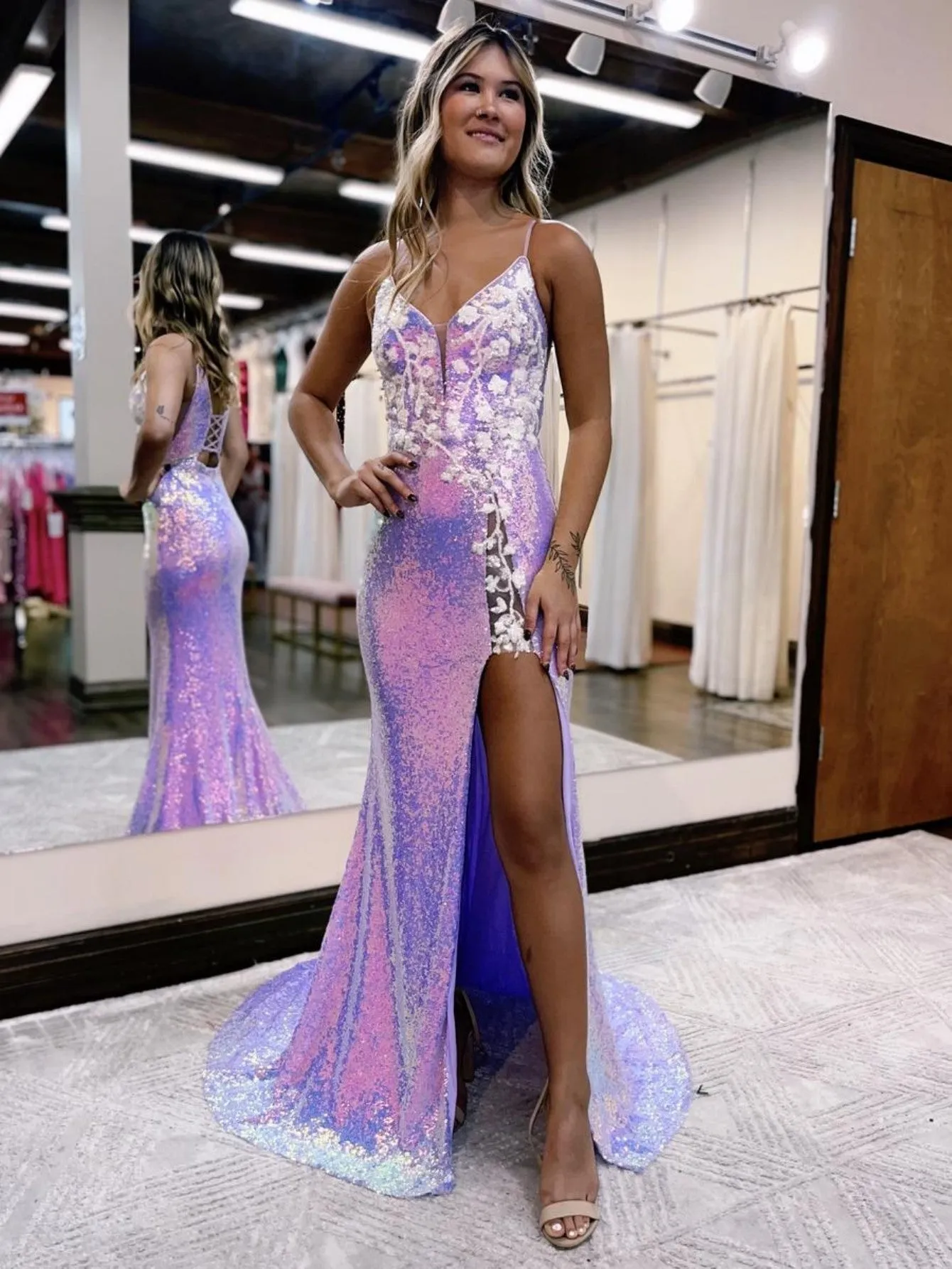 Mermaid Glitter Lavender Floral Long Prom Dress with Slit sold by KissProm product image thumbnail 3