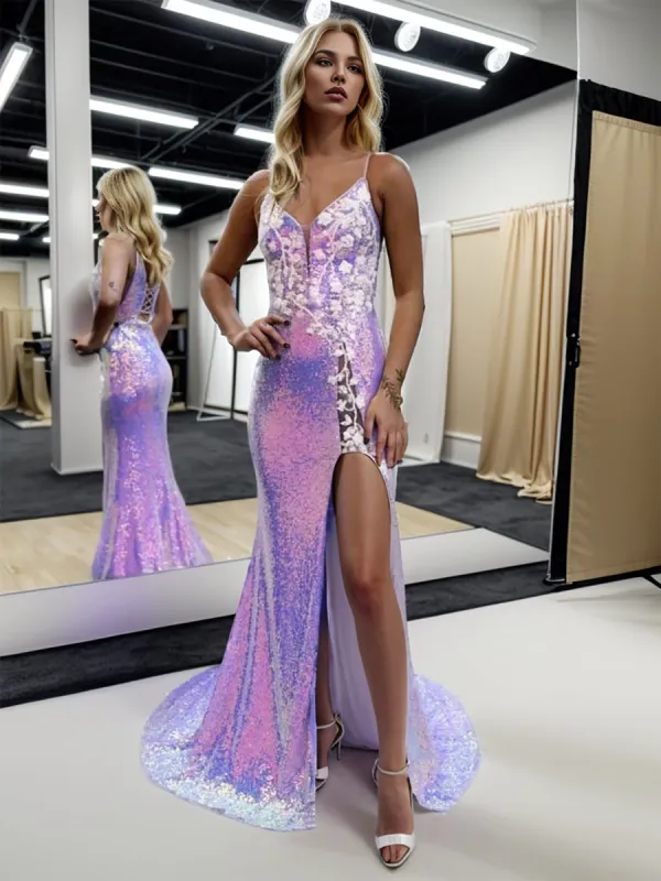 Mermaid Glitter Lavender Floral Long Prom Dress with Slit sold by KissProm