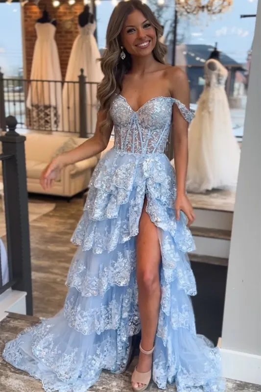 Princess A Line Off the Shoulder Corset Prom Dress with Lace Ruffles sold by KissProm