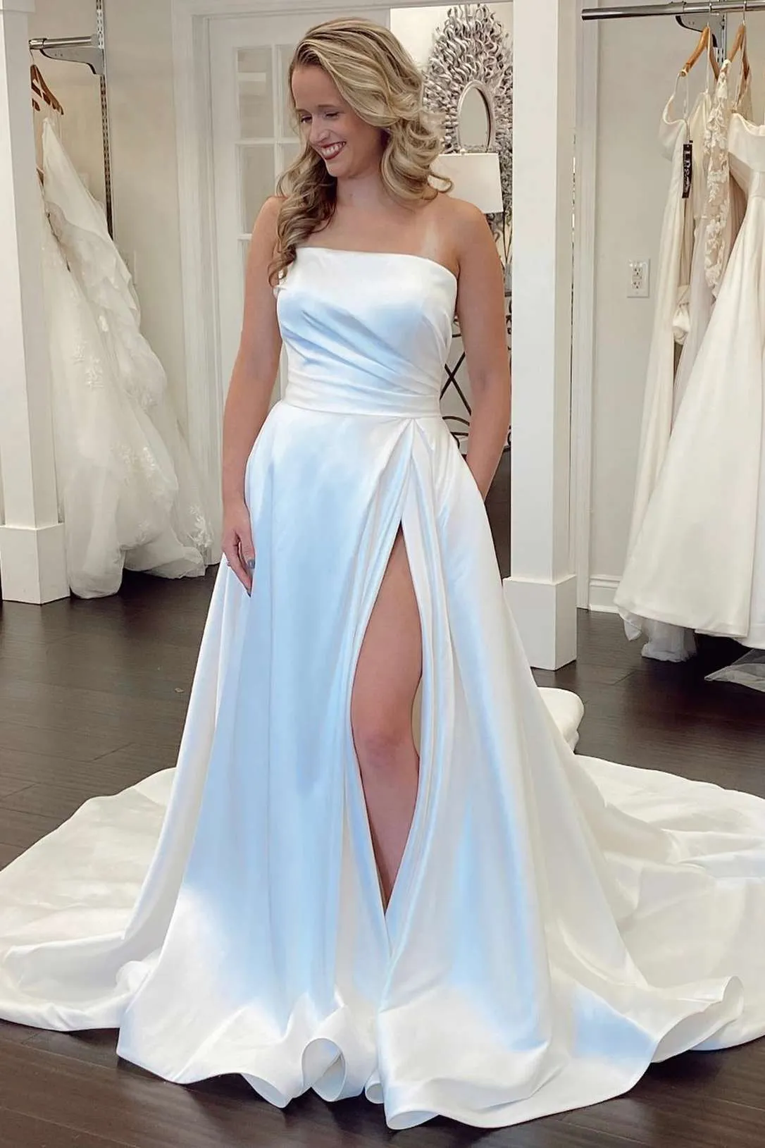 CoCo | Mermaid White Satin Strapless A-Line Wedding Dress with Slit sold by KissProm