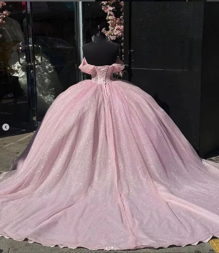 Carine | Glitter Off The Shoulder Pink Ball Gown Quinceanera Dresses sold by KissProm product image thumbnail 3