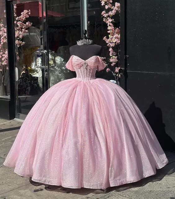 Carine | Glitter Off The Shoulder Pink Ball Gown Quinceanera Dresses sold by KissProm