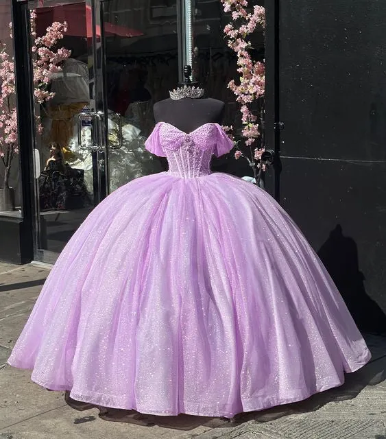 Carine | Glitter Off The Shoulder Pink Ball Gown Quinceanera Dresses sold by KissProm product image thumbnail 4