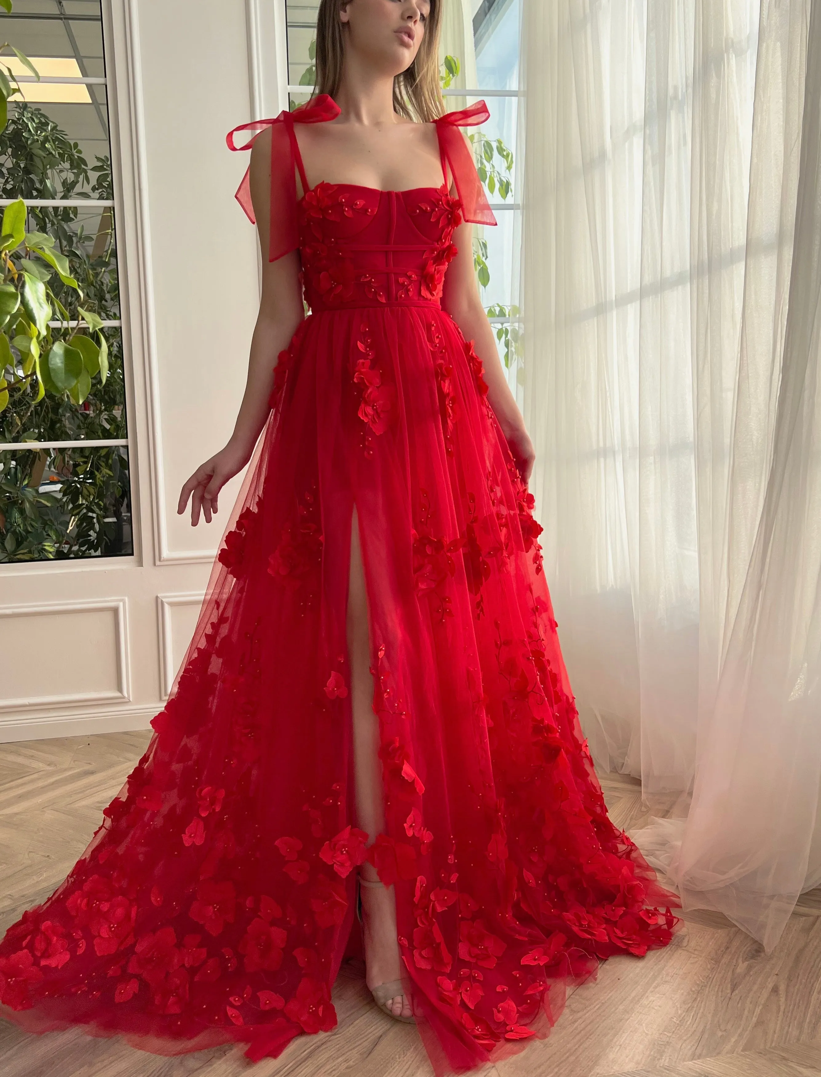 Cameron | Scarlet Lace A-line 3D Flower Long Prom Dress With Slit sold by KissProm