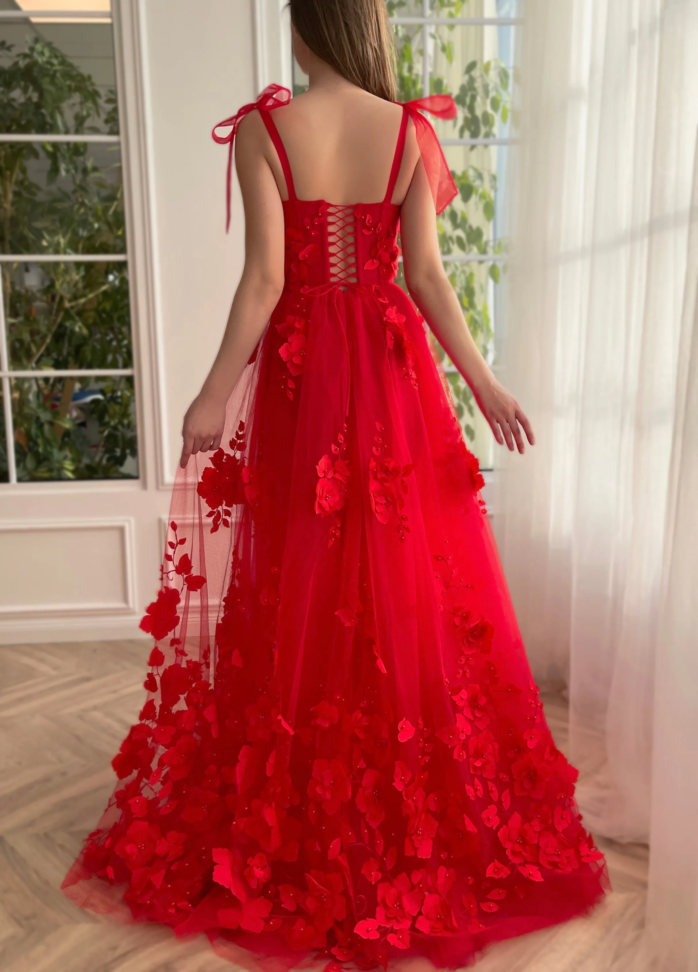 Cameron | Scarlet Lace A-line 3D Flower Long Prom Dress With Slit sold by KissProm product image thumbnail 3