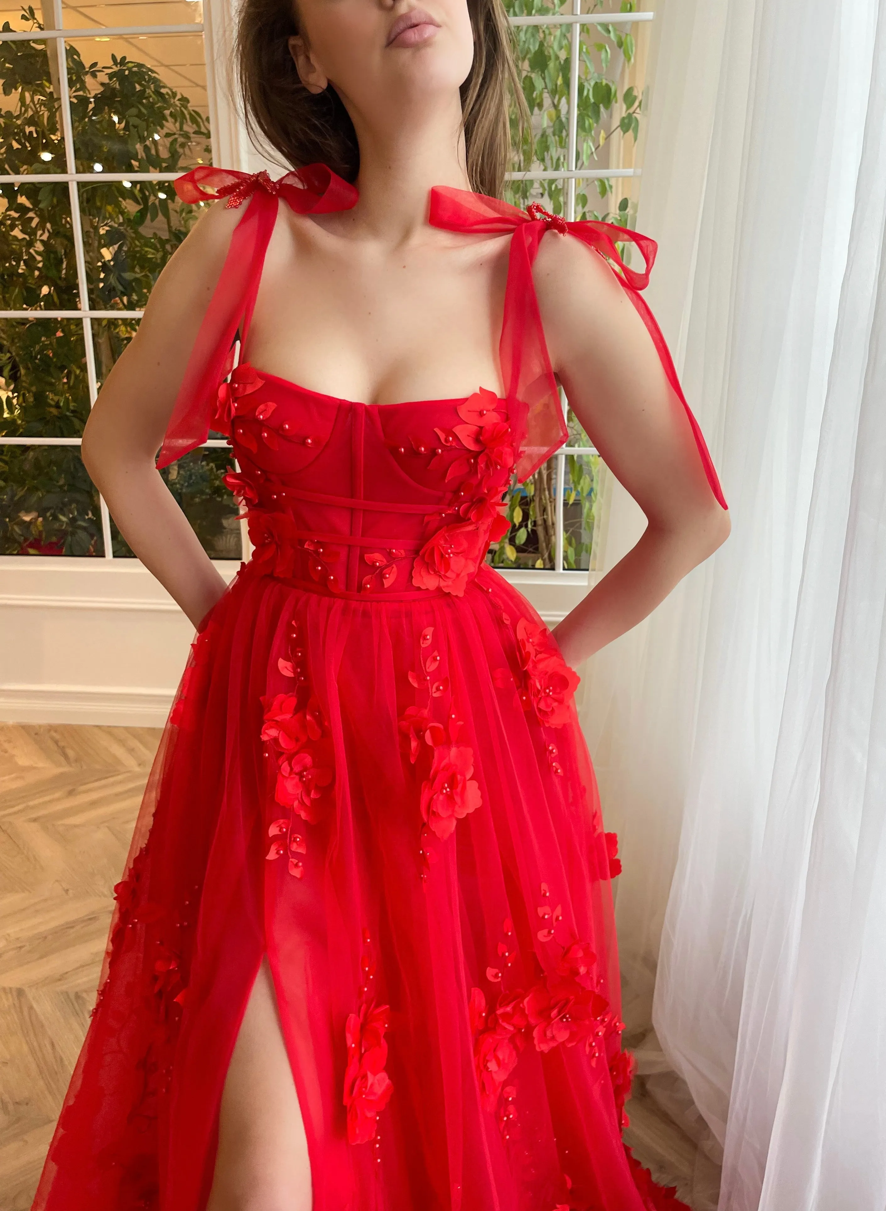 Cameron | Scarlet Lace A-line 3D Flower Long Prom Dress With Slit sold by KissProm product image thumbnail 4