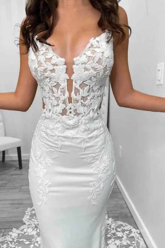 Sexy Satin V-Neck Spaghetti Straps Illusion Lace Applique With Lace Train Wedding Dress sold by KissProm