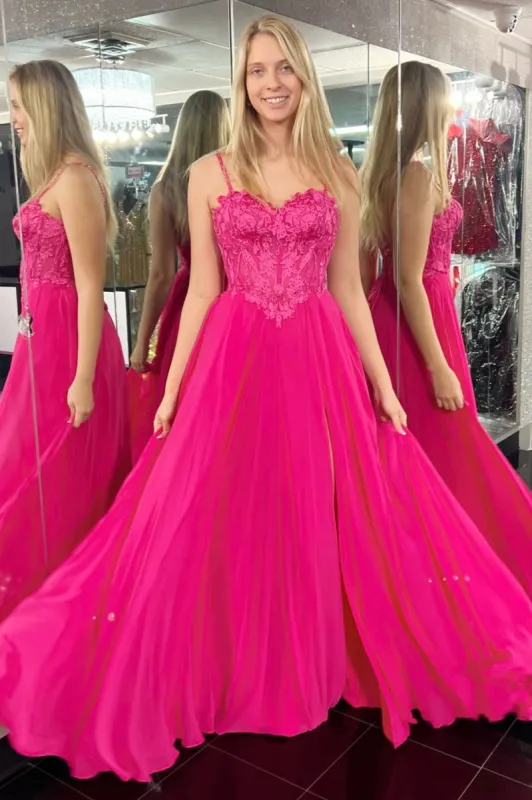 Magenta Appliques Sweetheart A-Line Long Prom Dress with Slit sold by KissProm