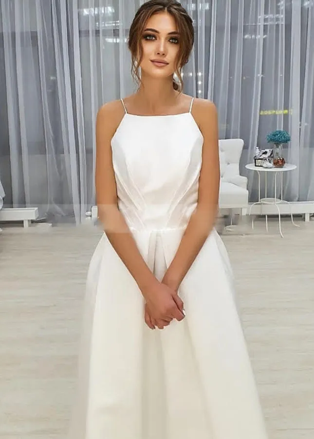 Simple Open Back Tea Length A-Line Sleeveless Spaghetti-Straps Wedding Dress with Pockets sold by KissProm product image thumbnail 2