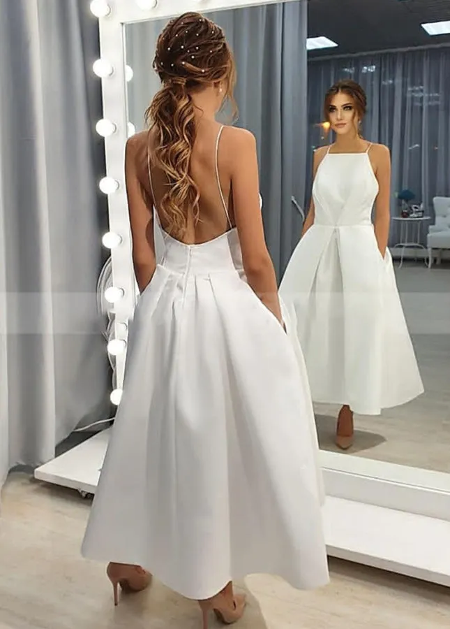 Simple Open Back Tea Length A-Line Sleeveless Spaghetti-Straps Wedding Dress with Pockets sold by KissProm product image thumbnail 3