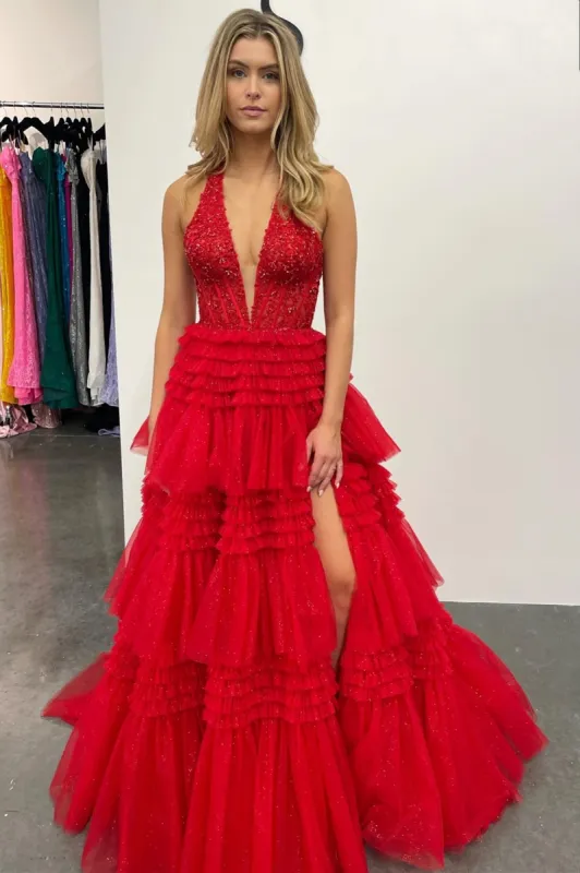 Red Tulle Appliques Halter Ruffle Tiered Ball Gown sold by KissProm