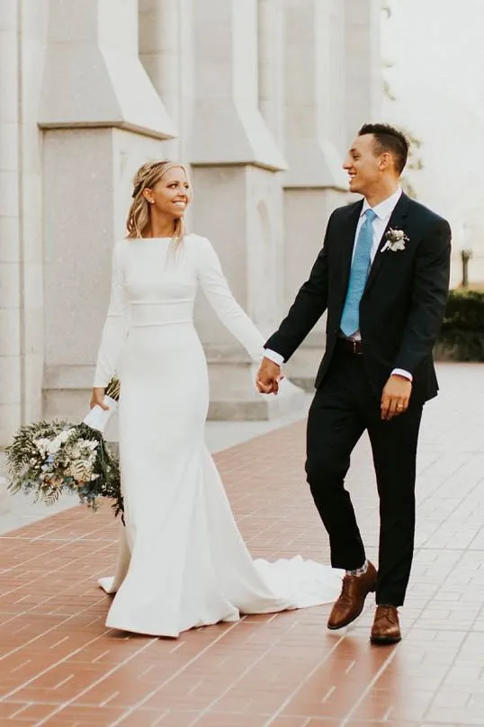 Jessamy | Modest Long Sleeve Satin Wedding Dress With Sweep Train sold by KissProm