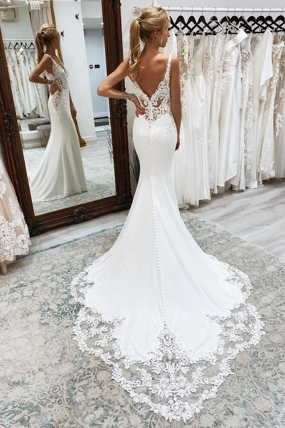 Kataleya | Mermaid White Deep V-Neck Long Wedding Dress with Lace Appliques sold by KissProm product image thumbnail 2