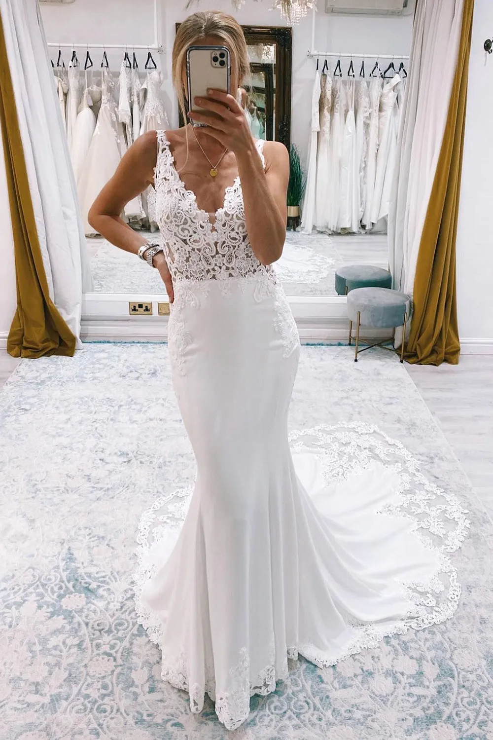 Kataleya | Mermaid White Deep V-Neck Long Wedding Dress with Lace Appliques sold by KissProm