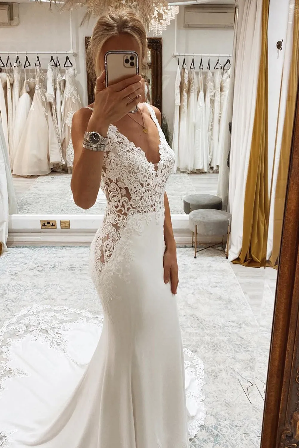 Kataleya | Mermaid White Deep V-Neck Long Wedding Dress with Lace Appliques sold by KissProm product image thumbnail 3
