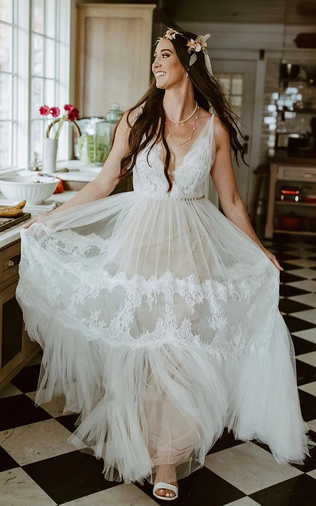 A-Line Lace Bohemian V-neck Wedding Dress With Low-V Back And Appliques sold by KissProm