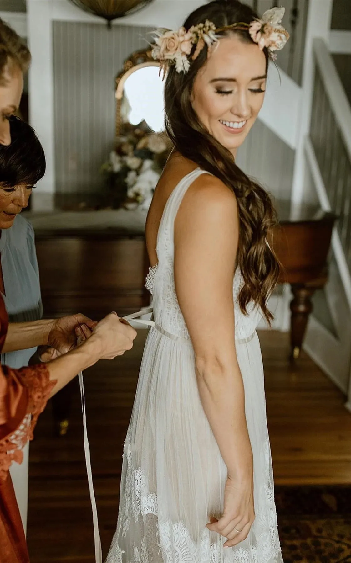 A-Line Lace Bohemian V-neck Wedding Dress With Low-V Back And Appliques sold by KissProm product image thumbnail 3