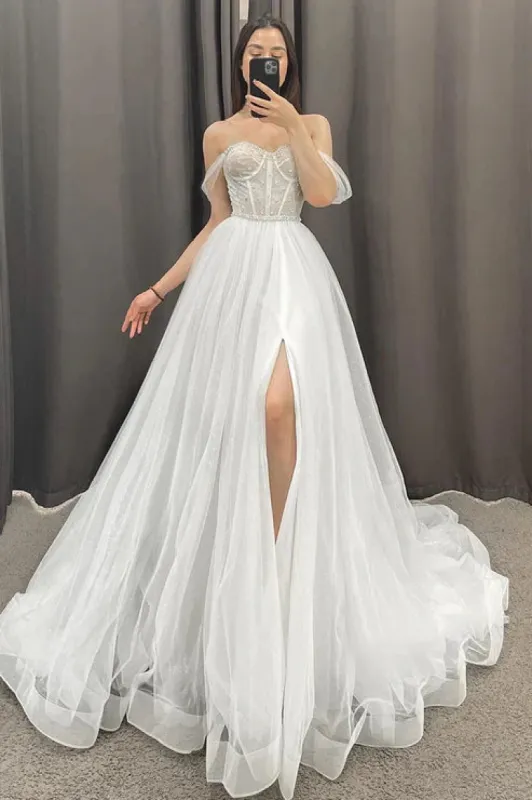 A-line Off the Shoulder Beads High Split Rustic Wedding Dress sold by KissProm