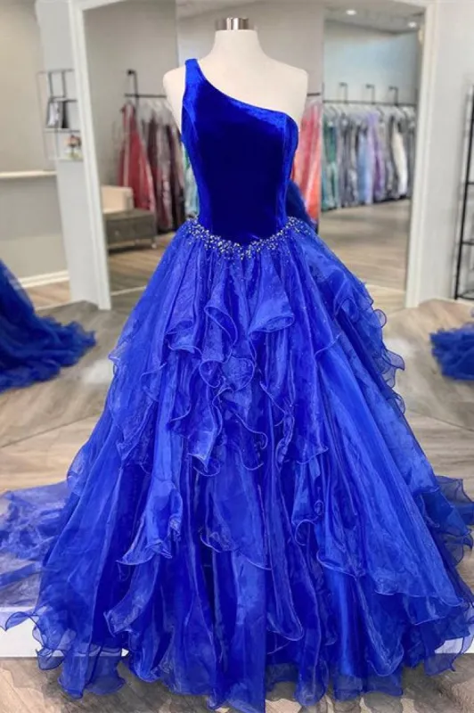 Belinda | Ruffle One Shoulder Royal Blue Velvet Top Long Formal Dress sold by KissProm