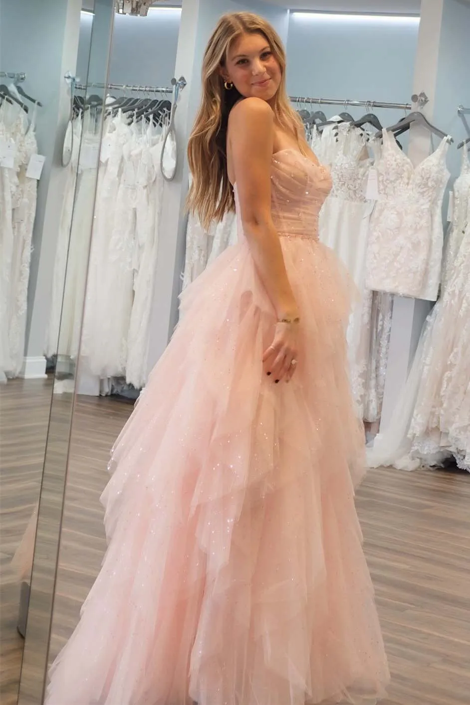 Patsy | Strapless Light Pink Sequin Beaded Ruffle Tulle Prom Dress sold by KissProm product image thumbnail 3