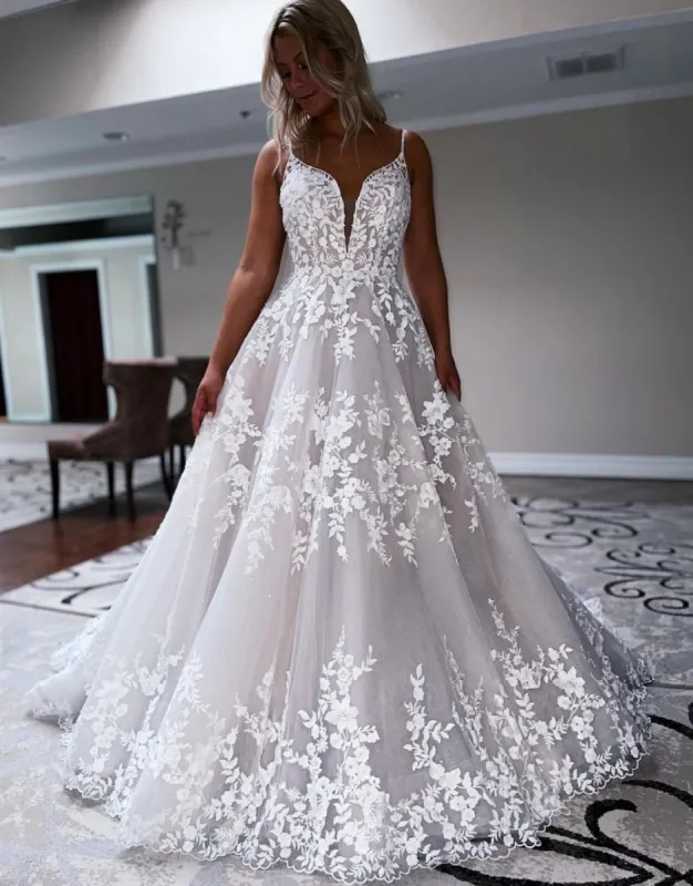 Aspyn | A-Line Sweep Train Deep V-Neck Wedding Dress With Appliques sold by KissProm