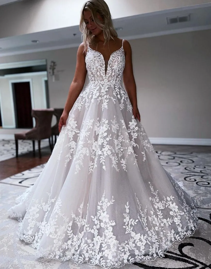 Aspyn | A-Line Sweep Train Deep V-Neck Wedding Dress With Appliques sold by KissProm