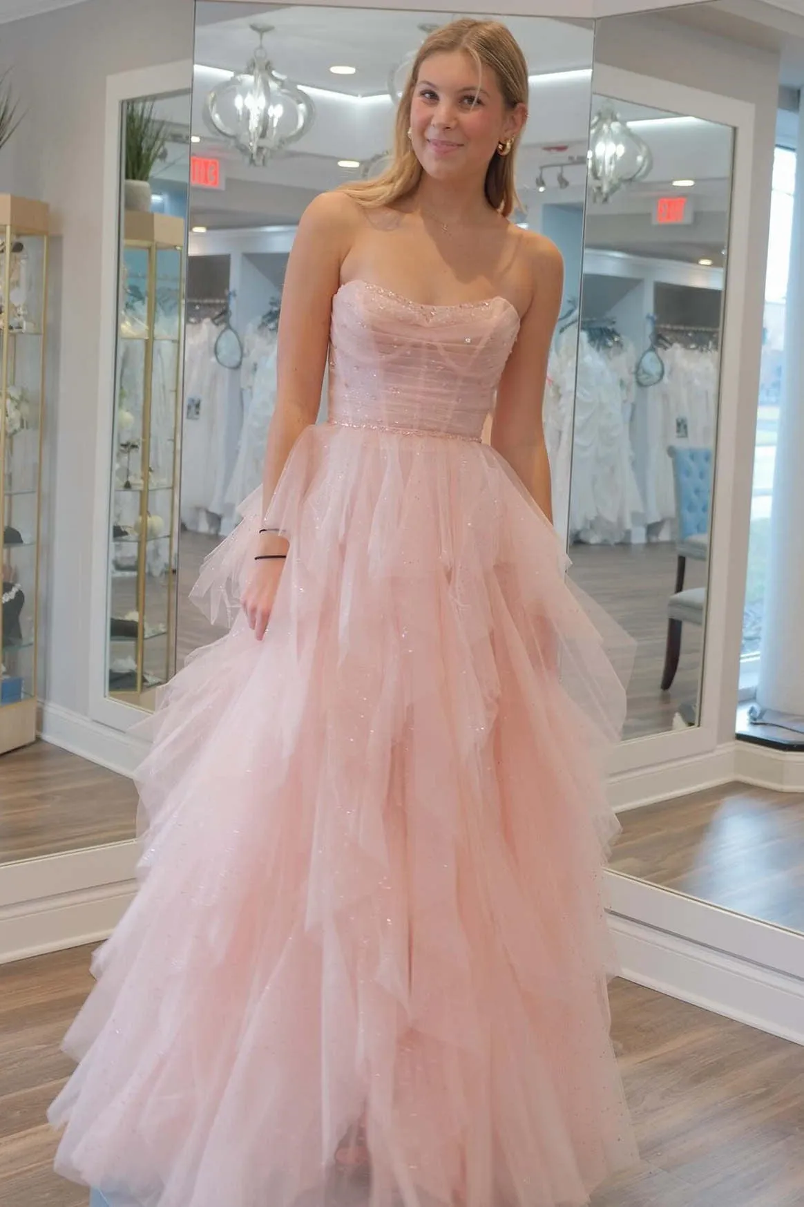 Patsy | Strapless Light Pink Sequin Beaded Ruffle Tulle Prom Dress sold by KissProm product image thumbnail 4