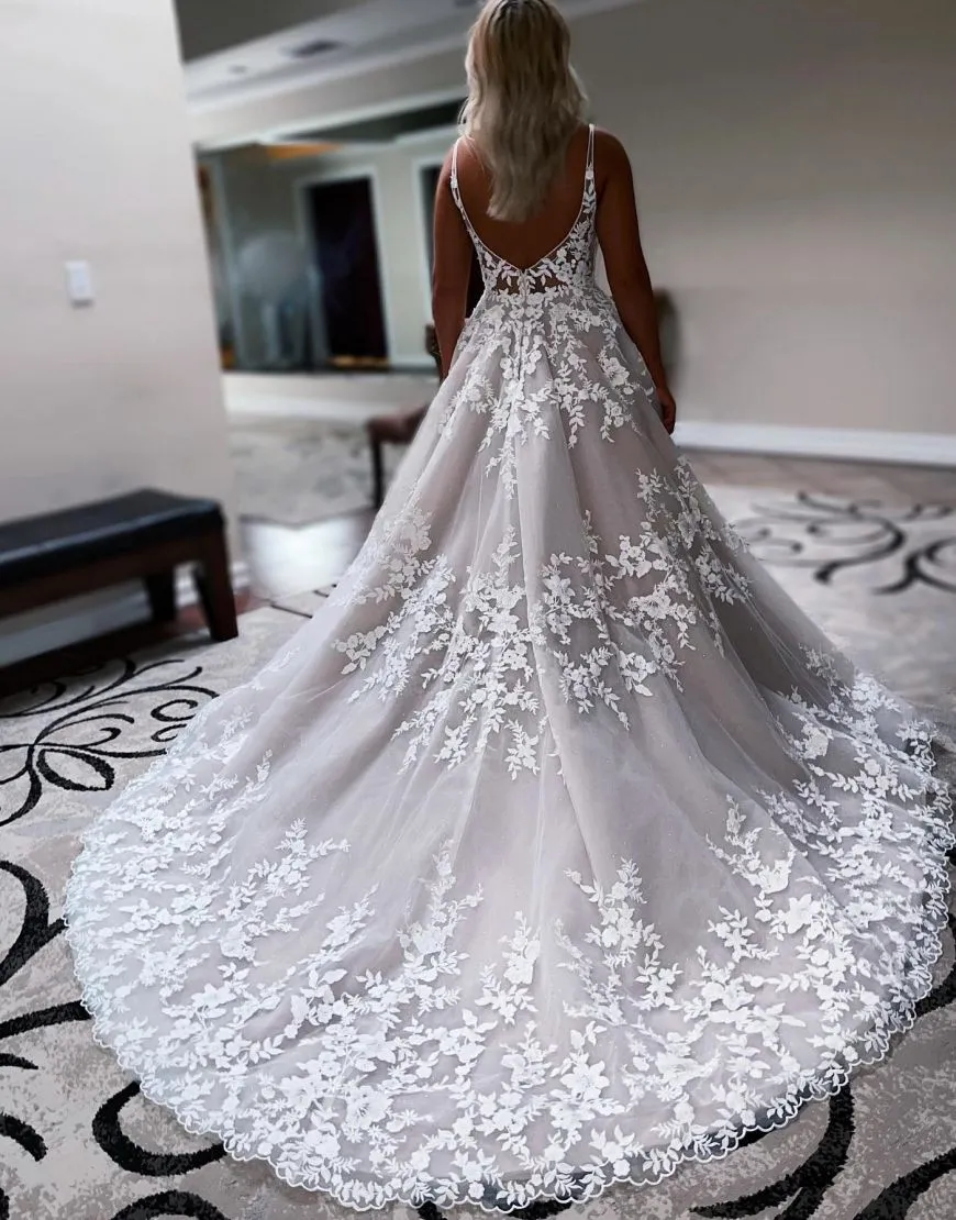 Aspyn | A-Line Sweep Train Deep V-Neck Wedding Dress With Appliques sold by KissProm product image thumbnail 2