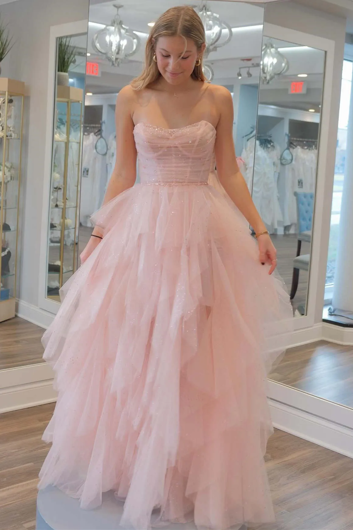 Patsy | Strapless Light Pink Sequin Beaded Ruffle Tulle Prom Dress sold by KissProm
