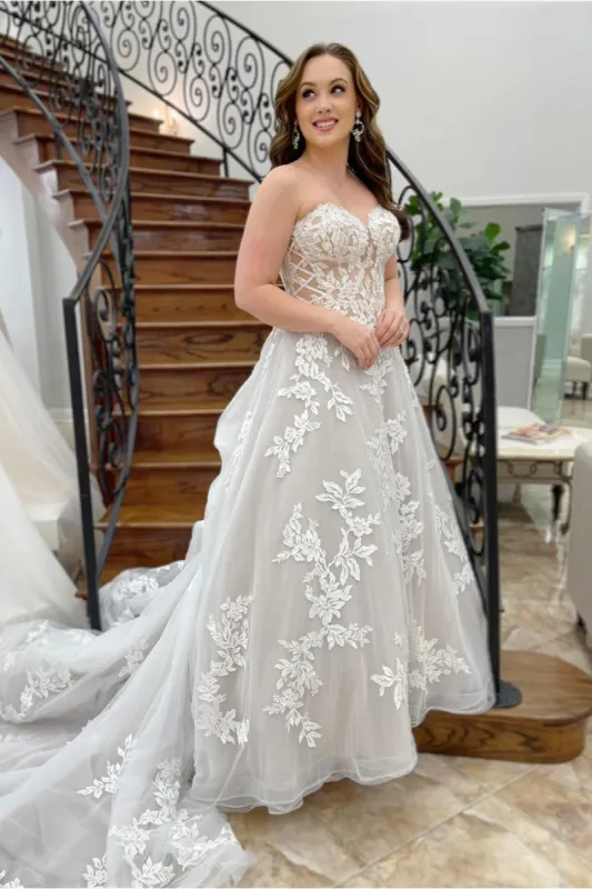 White Strapless Appliques Tulle A-line Long Wedding Dress sold by KissProm