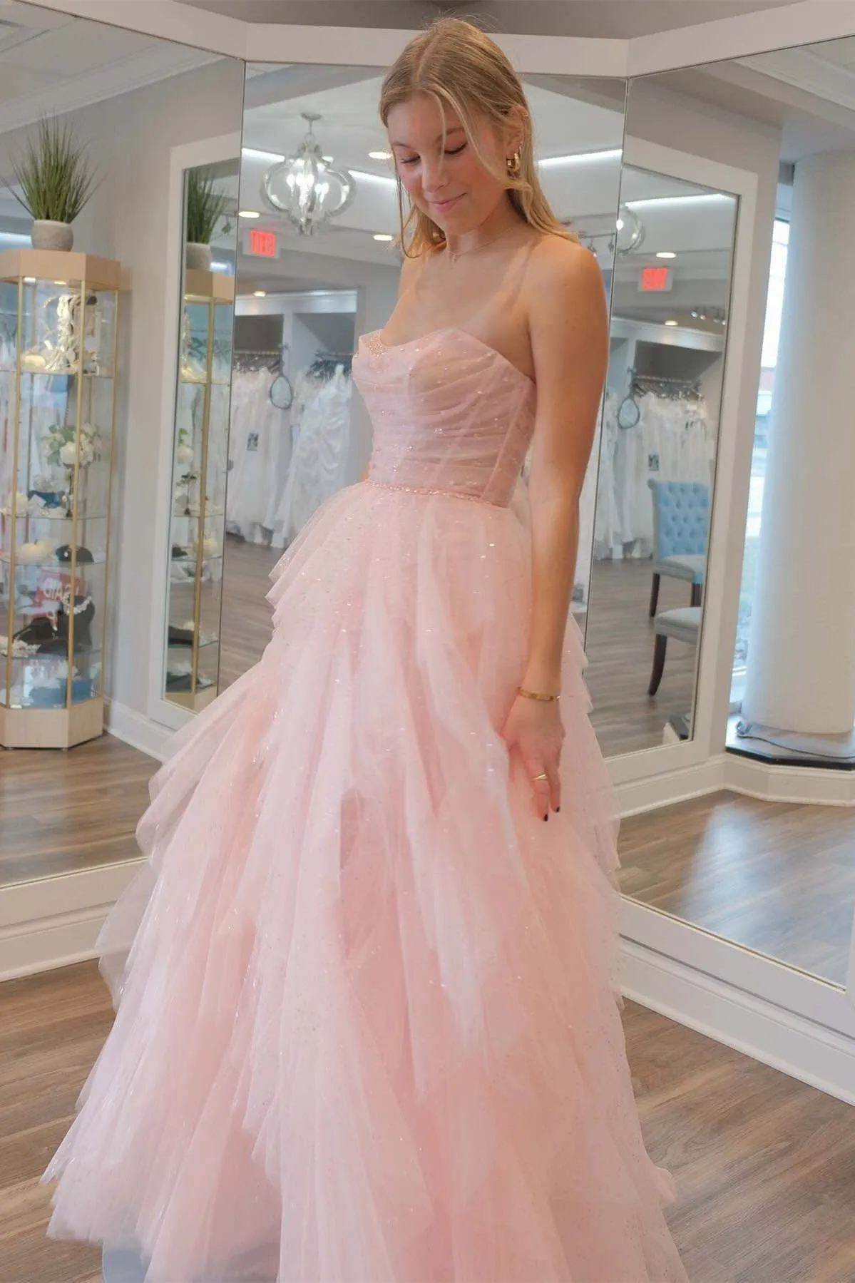 Patsy | Strapless Light Pink Sequin Beaded Ruffle Tulle Prom Dress sold by KissProm product image thumbnail 5