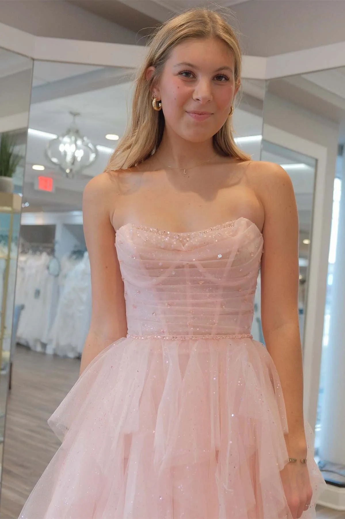 Patsy | Strapless Light Pink Sequin Beaded Ruffle Tulle Prom Dress sold by KissProm product image thumbnail 2