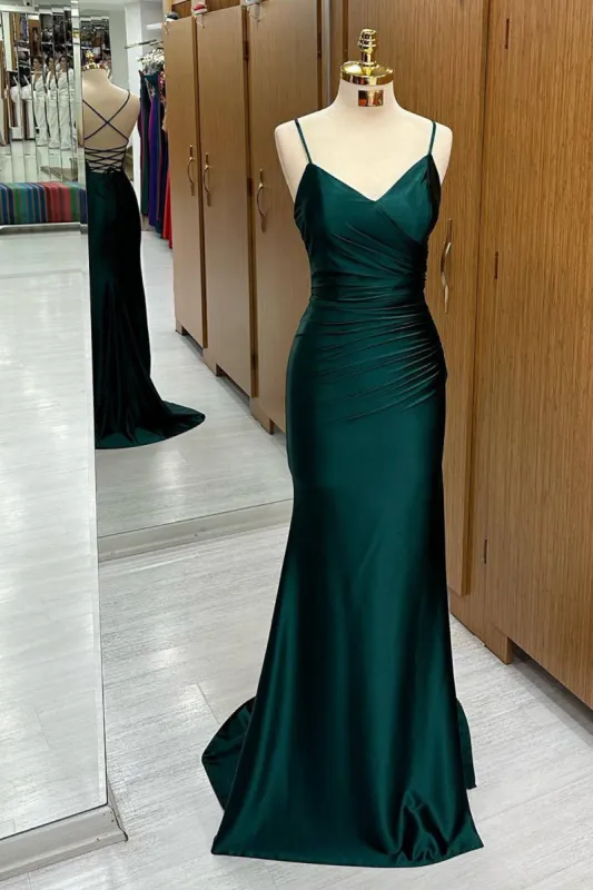 Dark Green Mermaid Satin Long Prom Dress sold by KissProm
