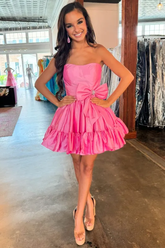 Hinako | Pink Strapless Ruffle Homecoming Dress with Bow sold by KissProm
