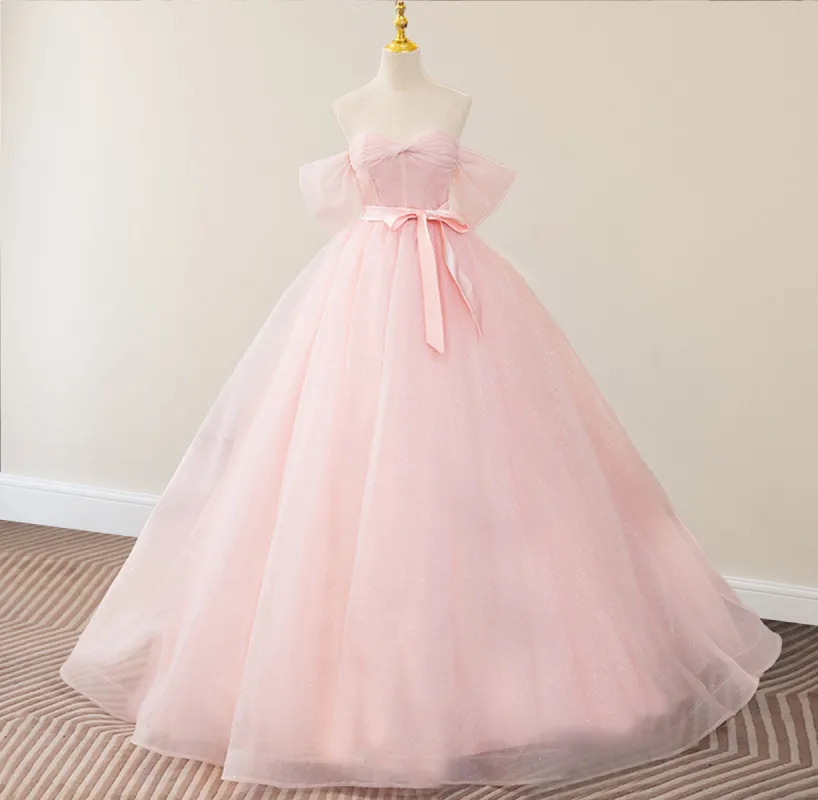 Silvia | Pink A Line Tulle Sweetheart Floor-Length Wedding Dress with Sashes sold by KissProm