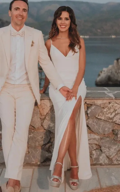 Simple Mermaid Satin Wedding Dress With Split Front And Deep-V Back sold by KissProm